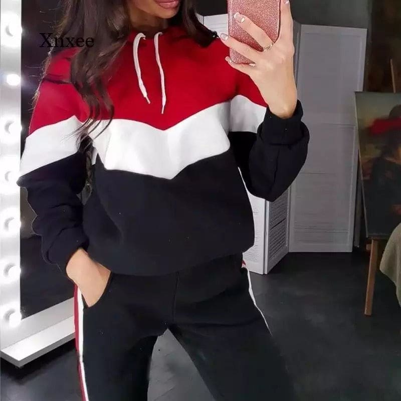 Women's Casual Patch Work Hooded Style Tracksuit, Fabric Spring and Autumn Women's Sportswear, Two-Pieces Hooded Pilot Sweatshirt, Top and Pants Sports Jogging Suit Women's Casual Patch Work Hooded Style Tracksuit, Fabric Spring and Autumn Women's Sportswear, Two-Pieces Hooded Pilot Sweatshirt, Top and Pants Sports Jogging Suit